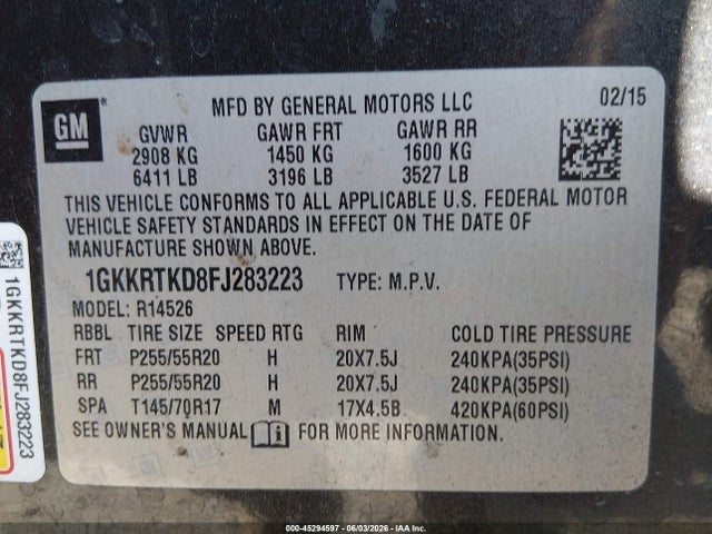 2015 Gmc Acadia Denali მანქანა იყიდება აუქციონზე, vin: 1GKKRTKD8FJ283223, აუქციონის ნომერი: 45294597