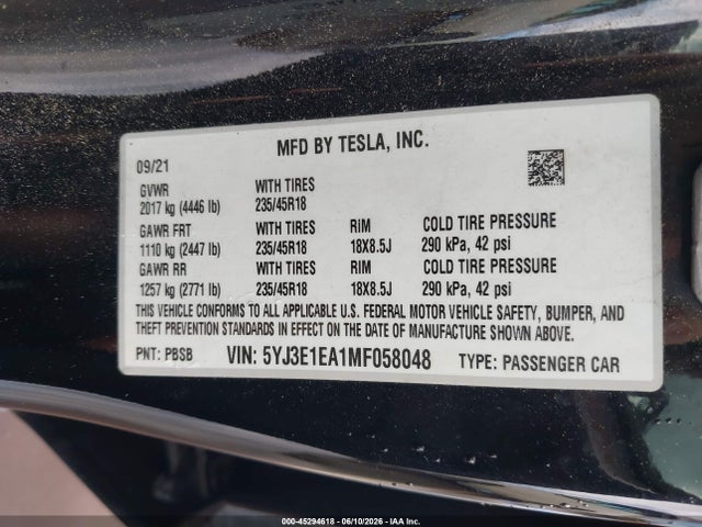 Tesla Model 3 Standard Range Plus Rear-wheel Drive 2021 5YJ3E1EA1MF058048 Image 9