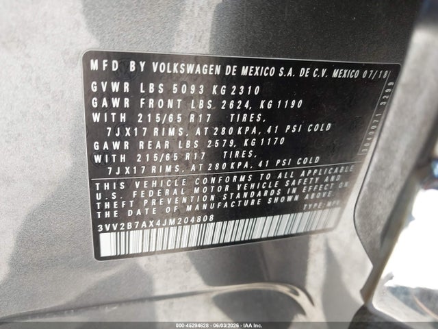 3VV2B7AX4JM204808 Volkswagen Tiguan 2.0t Se/2.0t Sel
