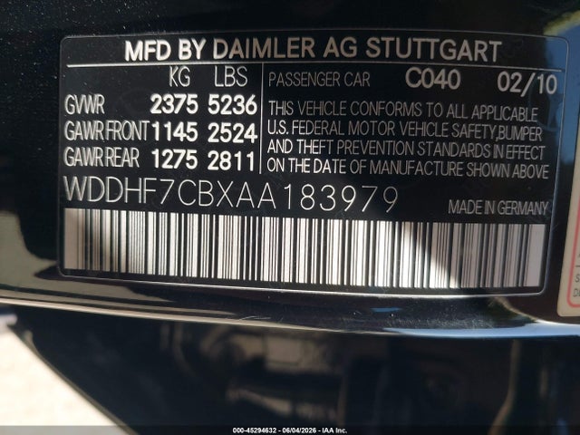 45294632 :رقم المزاد ، WDDHF7CBXAA183979 vin ، 2010 Mercedes-benz E 550 مزاد بيع