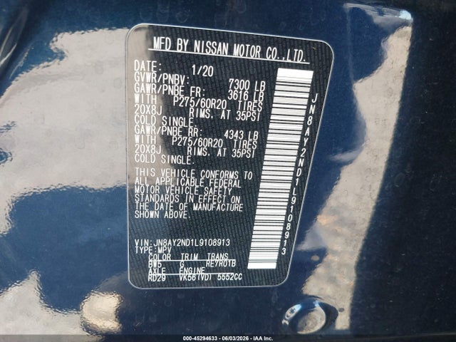 JN8AY2ND1L9108913 Nissan Armada Sl 2wd