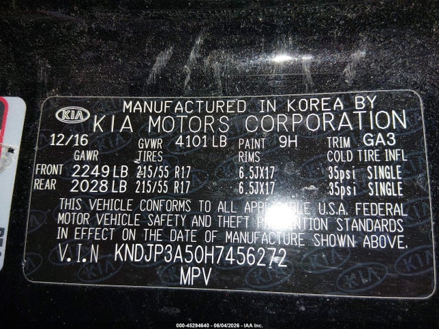 KIA SOUL + 2017 KNDJP3A50H7456272 Image 9