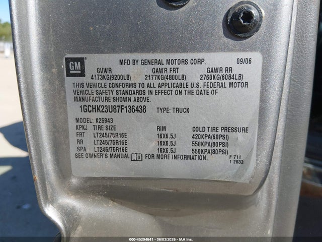 Aukcja sprzedaży 2007 Chevrolet Silverado 2500hd Classic Lt1, vin: 1GCHK23U87F136438, numer aukcji: 45294641