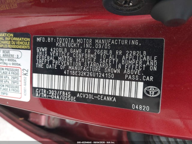 Aukcja sprzedaży 2006 Toyota Camry Le, vin: 4T1BE32K26U124150, numer aukcji: 45294648