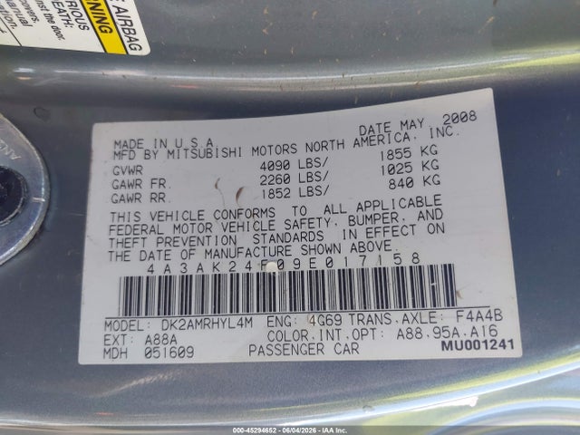 45294652 :رقم المزاد ، 4A3AK24F09E017158 vin ، 2009 Mitsubishi Eclipse Gs مزاد بيع