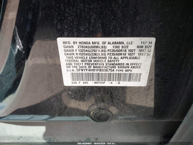 5FNYF4H91FB036754 Honda Pilot Touring