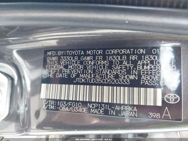 2012 Toyota Yaris Le მანქანა იყიდება აუქციონზე, vin: JTDKTUD35CD520333, აუქციონის ნომერი: 45294669