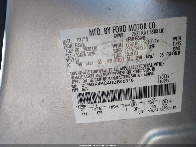 Продаж на аукціоні авто 2013 Ford Edge Limited, vin: 2FMDK4KC4DBB68816, номер лоту: 45294685