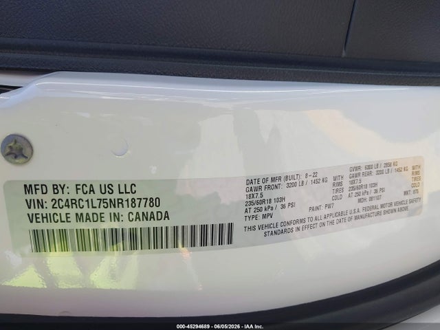 Aukcja sprzedaży 2022 Chrysler Pacifica Hybrid Touring L, vin: 2C4RC1L75NR187780, numer aukcji: 45294689