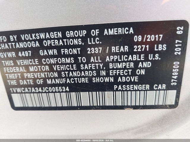 1VWCA7A34JC005534 Volkswagen Passat 2.0t Sel Premium