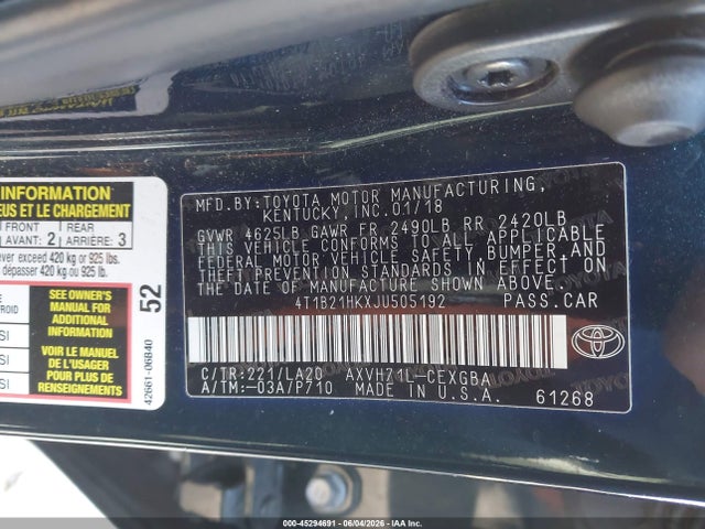 4T1B21HKXJU505192 Toyota Camry Hybrid Xle