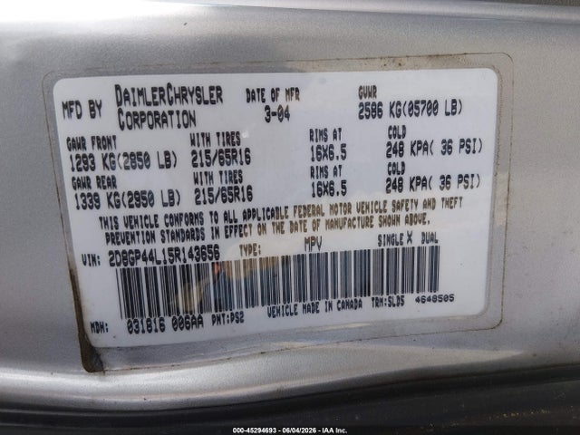 2005 Dodge Grand Caravan Sxt მანქანა იყიდება აუქციონზე, vin: 2D8GP44L15R143656, აუქციონის ნომერი: 45294693