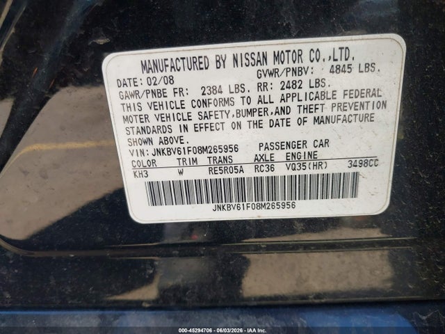 Aukcja sprzedaży 2008 Infiniti G35x, vin: JNKBV61F08M265956, numer aukcji: 45294706