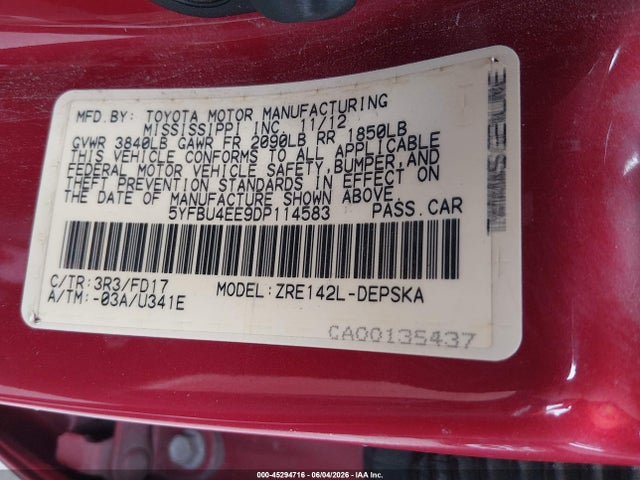 2013 Toyota Corolla S მანქანა იყიდება აუქციონზე, vin: 5YFBU4EE9DP114583, აუქციონის ნომერი: 45294716