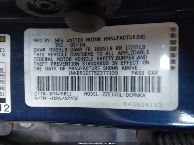 Aukcja sprzedaży 2005 Toyota Corolla Le, vin: 1NXBR32E75Z377199, numer aukcji: 45294724
