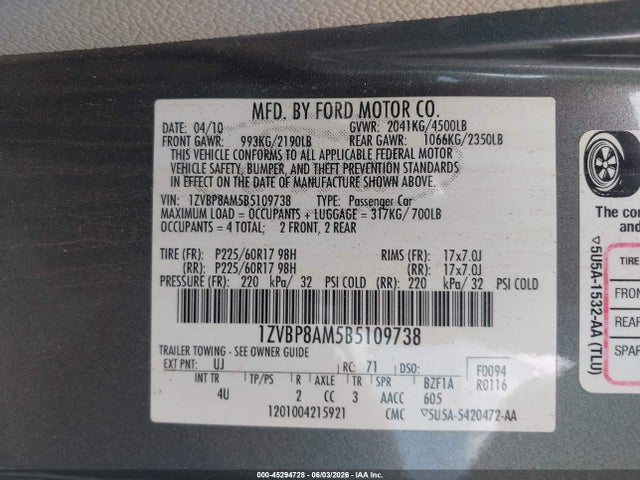 2011 Ford Mustang V6 Premium მანქანა იყიდება აუქციონზე, vin: 1ZVBP8AM5B5109738, აუქციონის ნომერი: 45294728