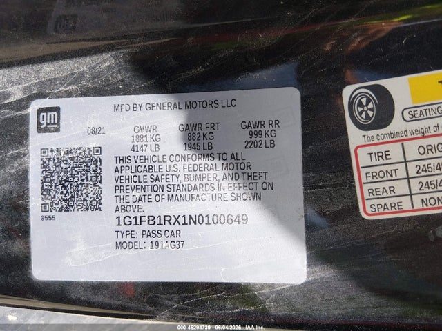 Продаж на аукціоні авто 2022 Chevrolet Camaro Rwd  1lt, vin: 1G1FB1RX1N0100649, номер лоту: 45294739