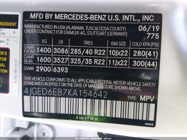 45294742 :رقم المزاد ، 4JGED6EB7KA154642 vin ، 2019 Mercedes-benz Amg Gle 43 Coupe 4matic مزاد بيع