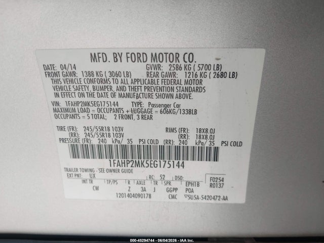 45294744 :رقم المزاد ، 1FAHP2MK5EG175144 vin ، 2014 Ford Police Interceptor مزاد بيع