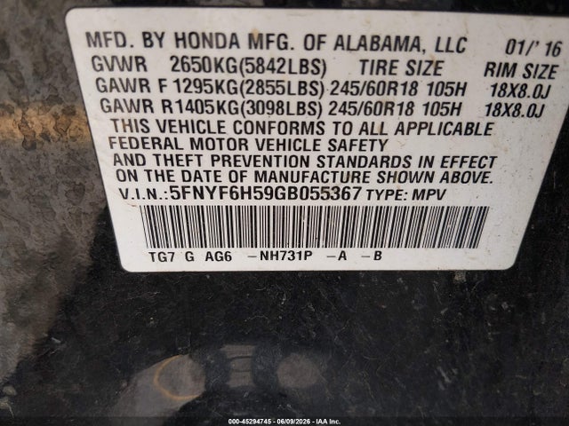 5FNYF6H59GB055367 Honda Pilot Ex-l