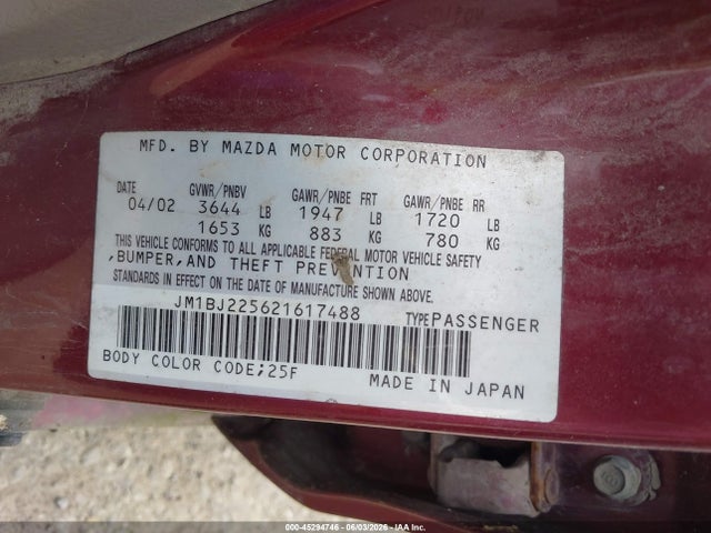 Aukcja sprzedaży 2002 Mazda Protege Dx/es/lx, vin: JM1BJ225621617488, numer aukcji: 45294746