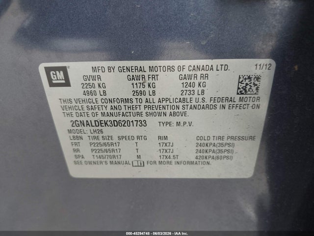 Продаж на аукціоні авто 2013 Chevrolet Equinox 1lt, vin: 2GNALDEK3D6201733, номер лоту: 45294748