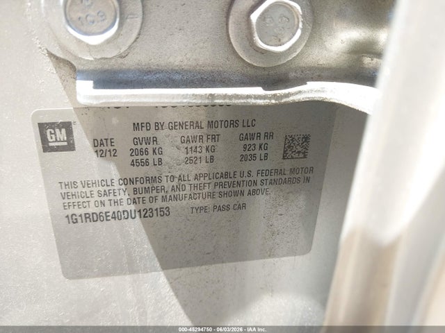 2013 Chevrolet Volt მანქანა იყიდება აუქციონზე, vin: 1G1RD6E40DU123153, აუქციონის ნომერი: 45294750