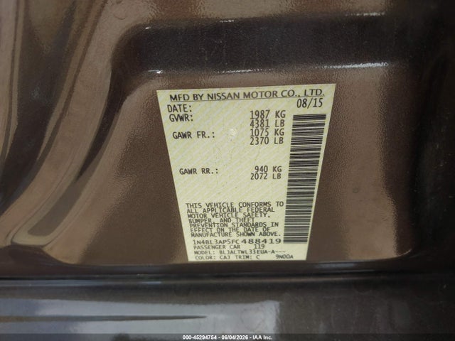 Aukcja sprzedaży 2015 Nissan Altima 3.5 S/3.5 Sl/3.5 Sv, vin: 1N4BL3AP5FC488419, numer aukcji: 45294754