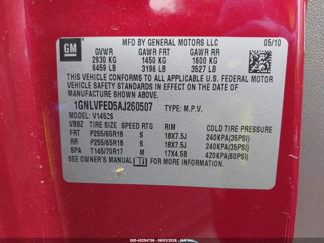 2010 Chevrolet Traverse Lt მანქანა იყიდება აუქციონზე, vin: 1GNLVFED5AJ260507, აუქციონის ნომერი: 45294756