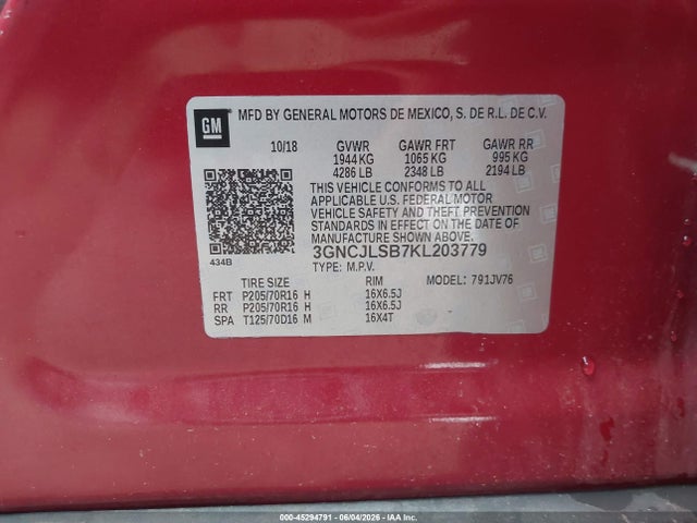 Aukcja sprzedaży 2019 Chevrolet Trax Lt, vin: 3GNCJLSB7KL203779, numer aukcji: 45294791