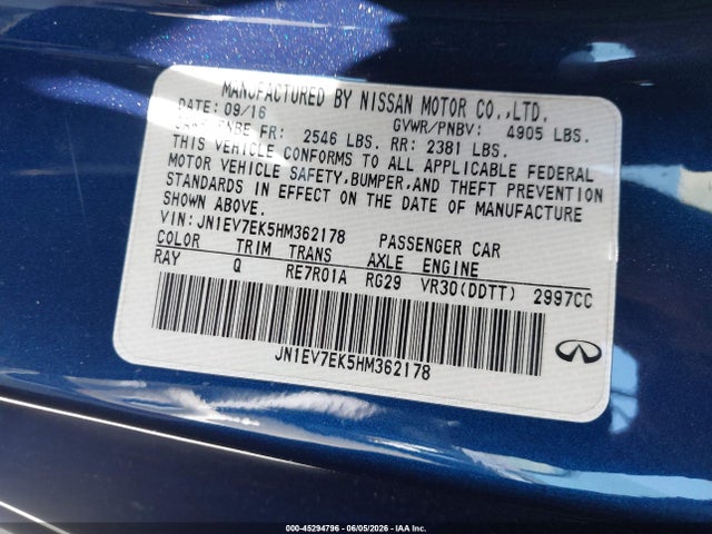 Продажа на аукционе авто 2017 Infiniti Q60 3.0t Premium, vin: JN1EV7EK5HM362178, номер лота: 45294796