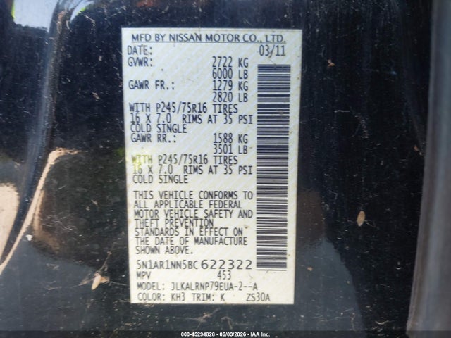 Aukcja sprzedaży 2011 Nissan Pathfinder S, vin: 5N1AR1NN5BC622322, numer aukcji: 45294828