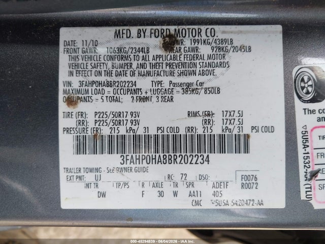 Продажа на аукционе авто 2011 Ford Fusion Se, vin: 3FAHP0HA8BR202234, номер лота: 45294839