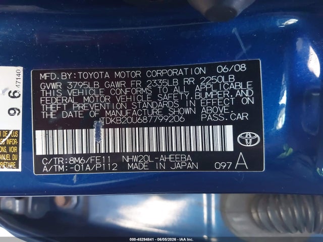Продаж на аукціоні авто 2008 Toyota Prius Touring, vin: JTDKB20U687799206, номер лоту: 45294841