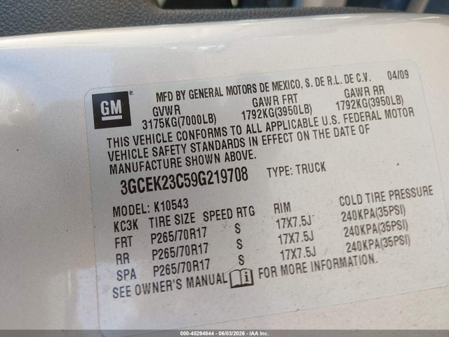 Aukcja sprzedaży 2009 Chevrolet Silverado 1500 Lt, vin: 3GCEK23C59G219708, numer aukcji: 45294844