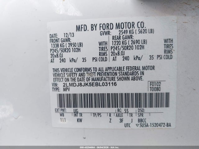 Продаж на аукціоні авто 2014 Lincoln Mkx, vin: 2LMDJ8JK5EBL03116, номер лоту: 45294864
