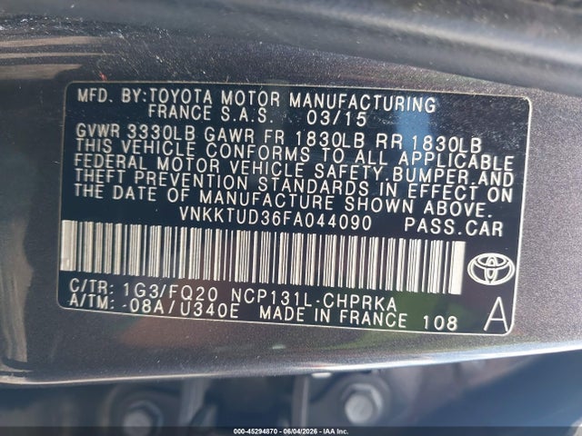 Aukcja sprzedaży 2015 Toyota Yaris L, vin: VNKKTUD36FA044090, numer aukcji: 45294870