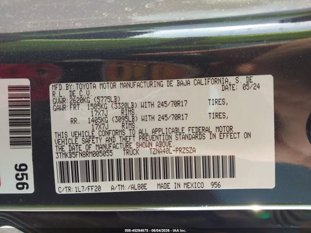 Aukcja sprzedaży 2024 Toyota Tacoma Sr5, vin: 3TMKB5FN8RM005055, numer aukcji: 45294875