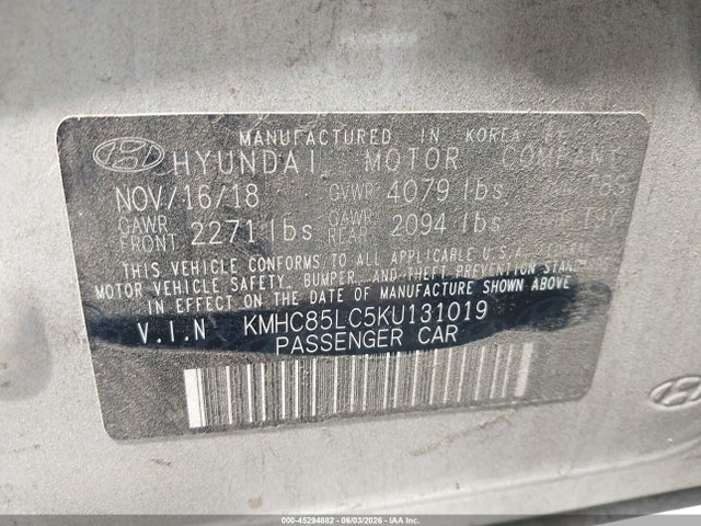 Продажа на аукционе авто 2019 Hyundai Ioniq Hybrid Limited, vin: KMHC85LC5KU131019, номер лота: 45294882