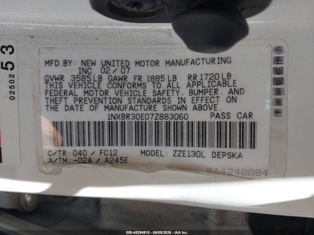 Aukcja sprzedaży 2007 Toyota Corolla S, vin: 1NXBR30E07Z883060, numer aukcji: 45294910