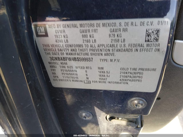 Продаж на аукціоні авто 2011 Chevrolet Hhr Lt, vin: 3GNBABFW4BS599937, номер лоту: 45294922