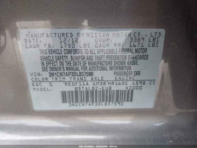 45294934 :رقم المزاد ، 3N1CN7AP3DL857590 vin ، 2013 Nissan Versa 1.6 Sv مزاد بيع