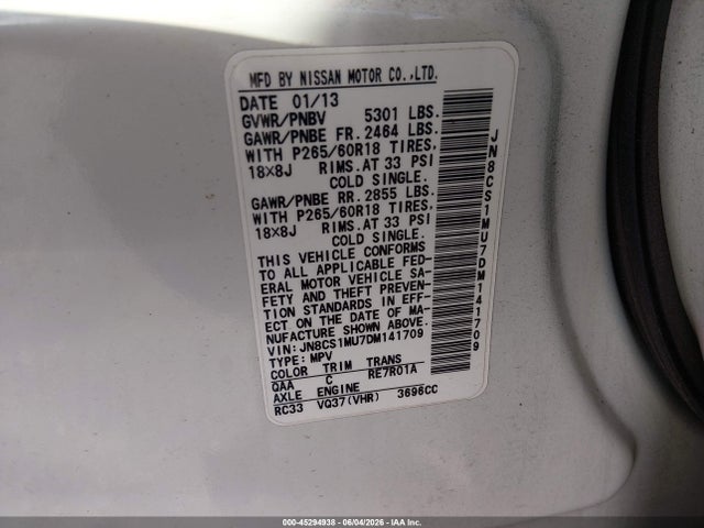 Aukcja sprzedaży 2013 Infiniti Fx37, vin: JN8CS1MU7DM141709, numer aukcji: 45294938