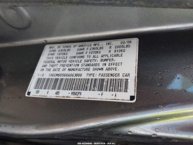 Продаж на аукціоні авто 2006 Honda Accord 3.0 Ex, vin: 1HGCM66566A043866, номер лоту: 45294940