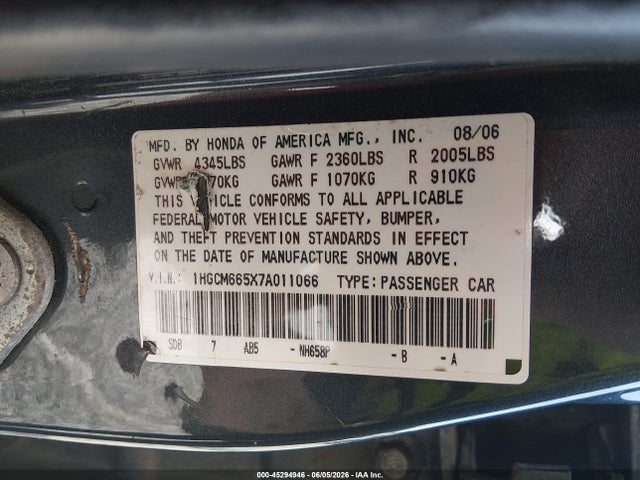 Aukcja sprzedaży 2007 Honda Accord 3.0 Ex, vin: 1HGCM665X7A011066, numer aukcji: 45294946