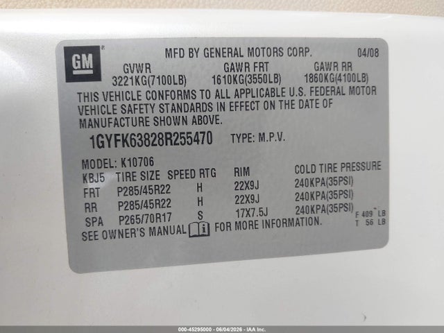 Продаж на аукціоні авто 2008 Cadillac Escalade Standard, vin: 1GYFK63828R255470, номер лоту: 45295000