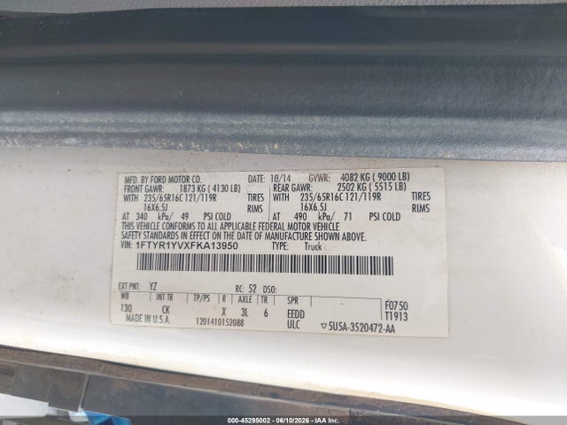 Aukcja sprzedaży 2015 Ford Transit-250, vin: 1FTYR1YVXFKA13950, numer aukcji: 45295002