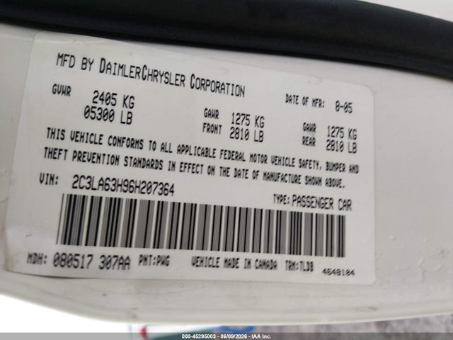 45295003 :رقم المزاد ، 2C3LA63H96H207364 vin ، 2006 Chrysler 300c مزاد بيع