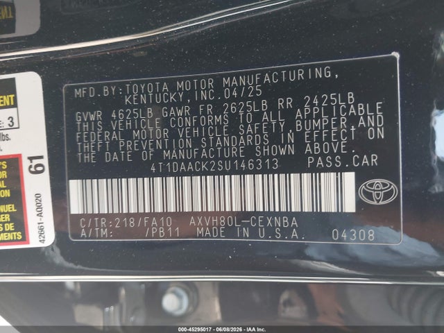 Aukcja sprzedaży 2025 Toyota Camry Le, vin: 4T1DAACK2SU146313, numer aukcji: 45295017