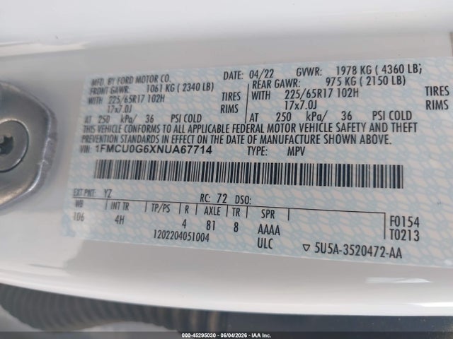 Продажа на аукционе авто 2022 Ford Escape Se, vin: 1FMCU0G6XNUA67714, номер лота: 45295030